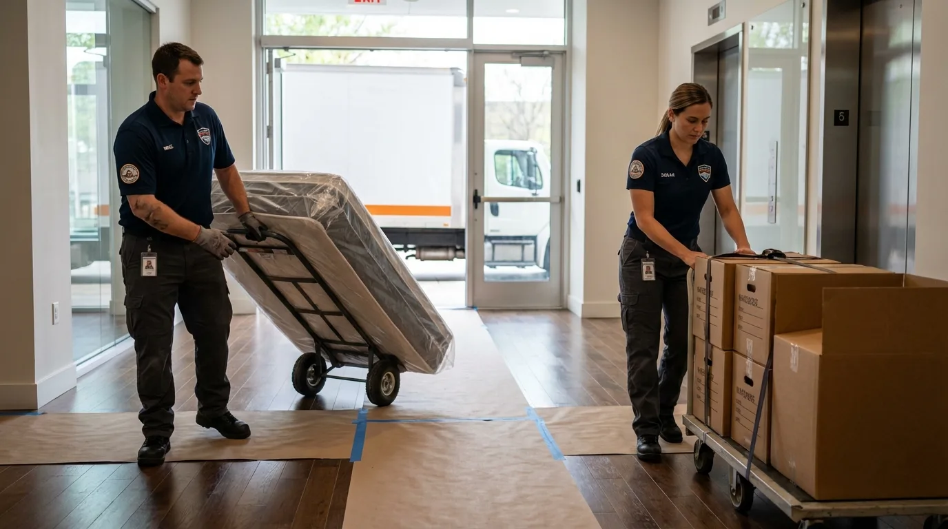 Professional apartment movers loading elevator in Romeo, MI