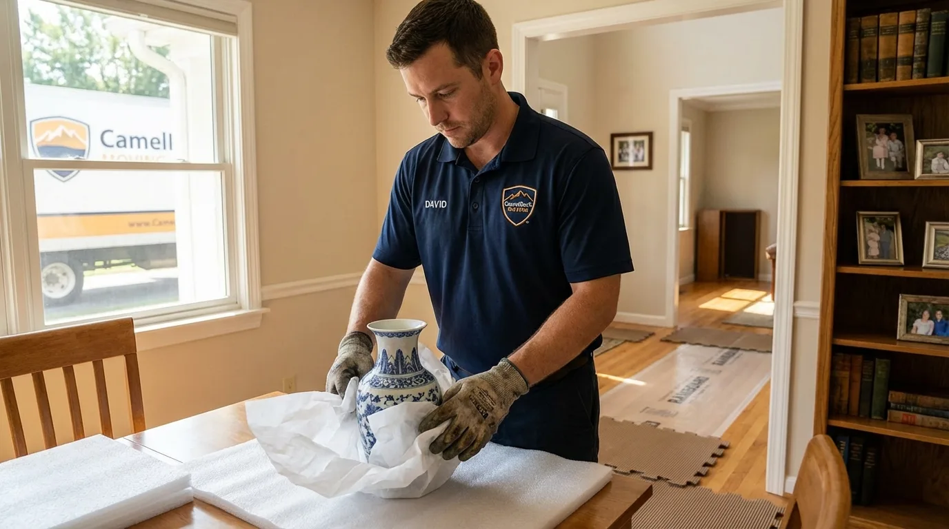 Professional crew carefully wrapping antique vase for senior downsizing move in Romeo, MI