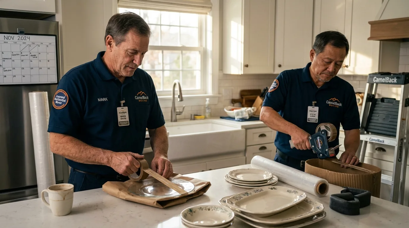 Professional crew packing kitchen dishware in Romeo, MI